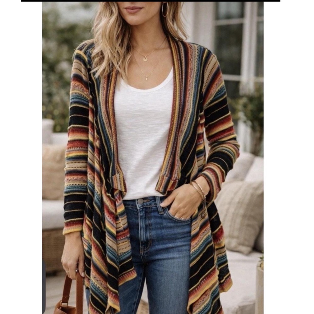 Polo Ralph Lauren knit Cardigan M Multi Color Stripe Open Front Draped Sweater